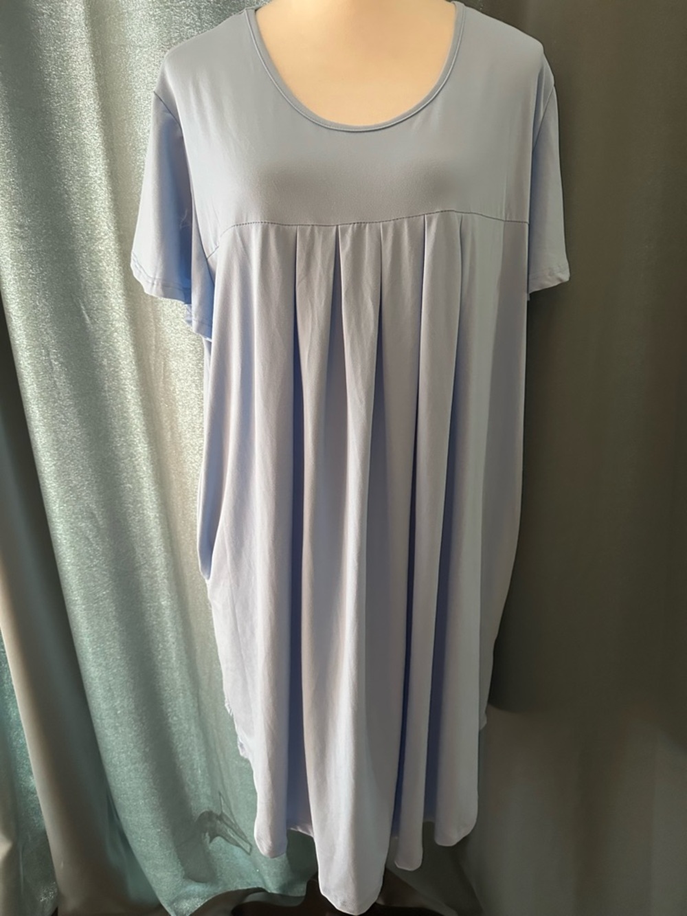 Bestshow Light Blue Swing Dress 3XL Flowy Pleated Tunic Short Sleeve NWT
